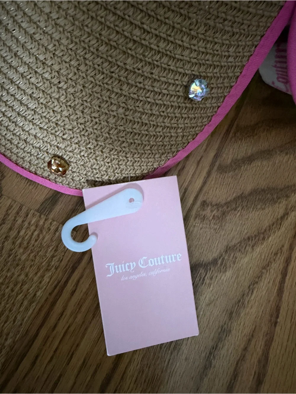 Juicy Couture Straw Visor Straw Sun Hat with Pink Trim and Gems